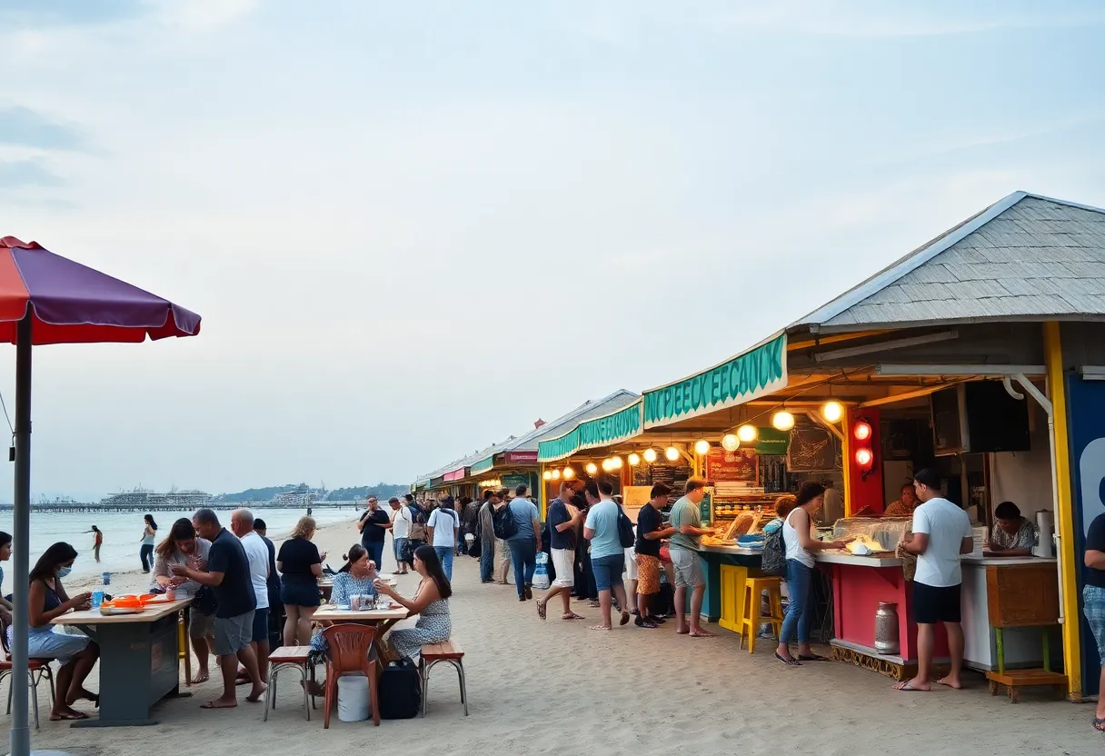 Beach concession area with lively atmosphere and food stalls