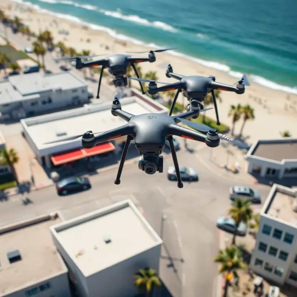 Police drones flying over Huntington Beach during an emergency response