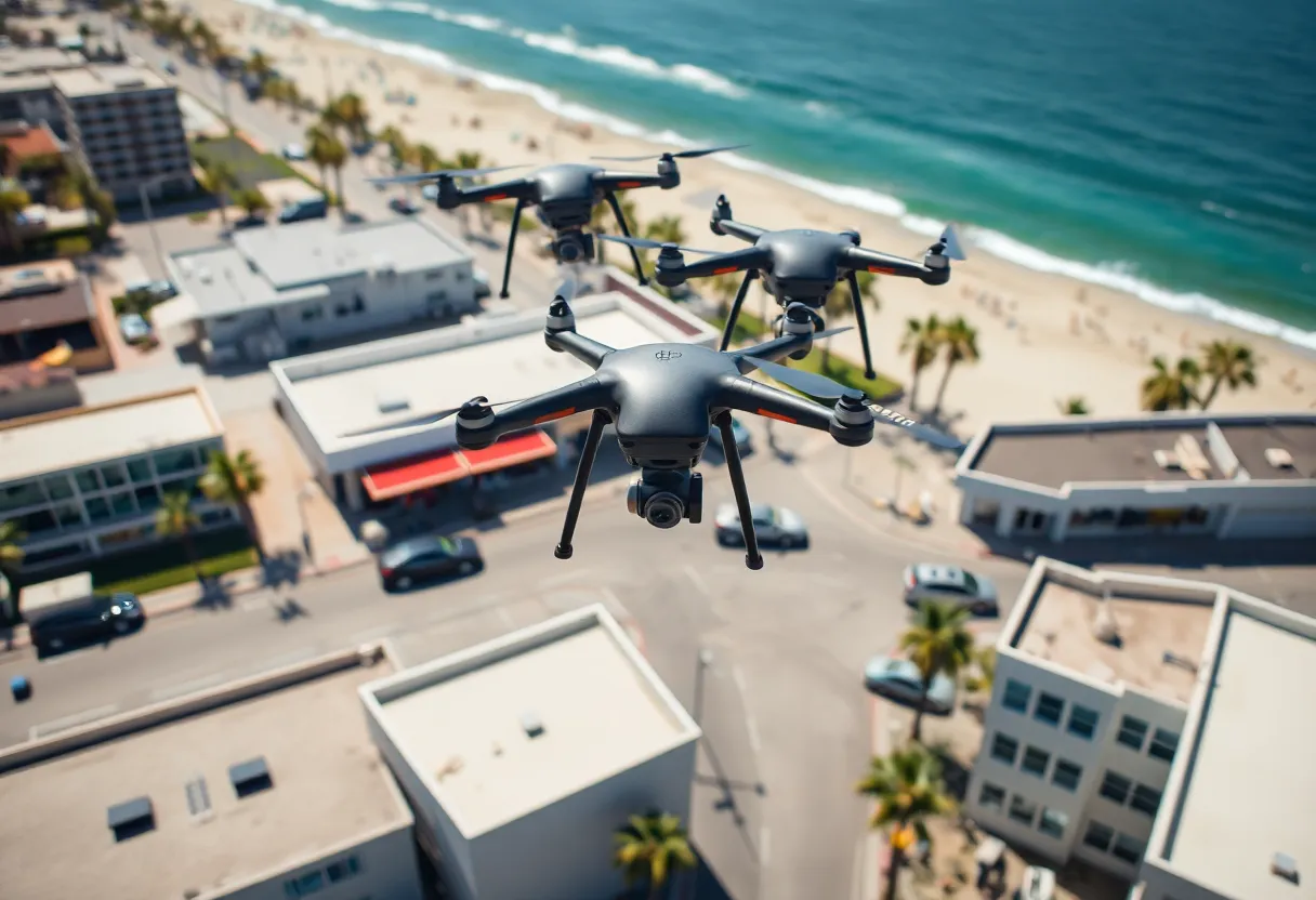 Police drones flying over Huntington Beach during an emergency response