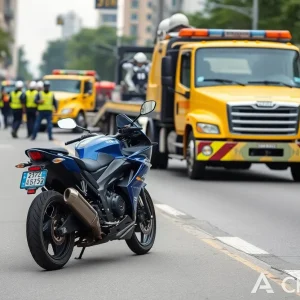 Scene of a motorcycle accident involving a tow truck in Huntington Beach.