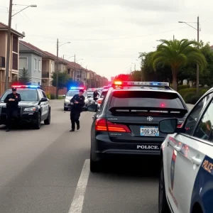 Police cars responding to a crime scene in Huntington Beach