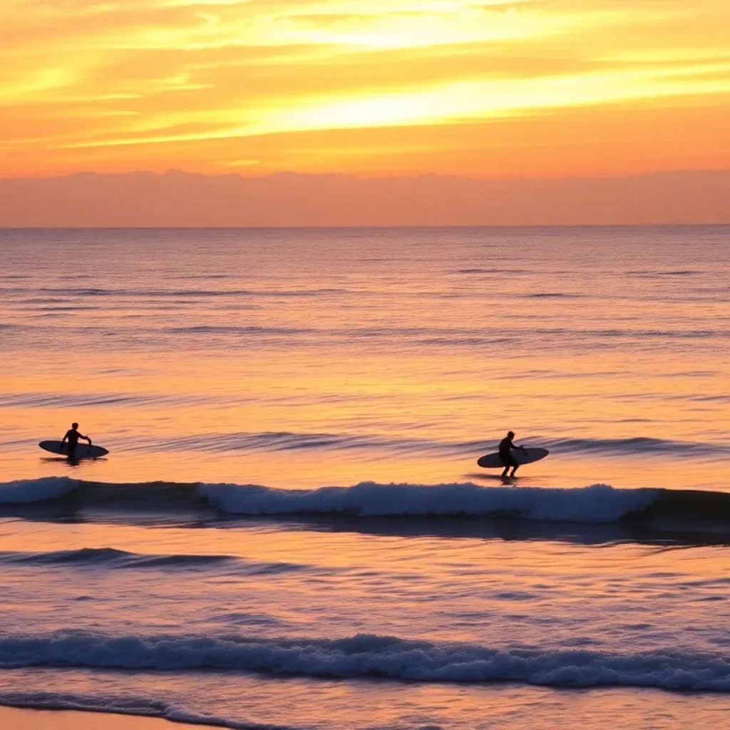 Surfers on gentle waves during sunset at Huntington Beach