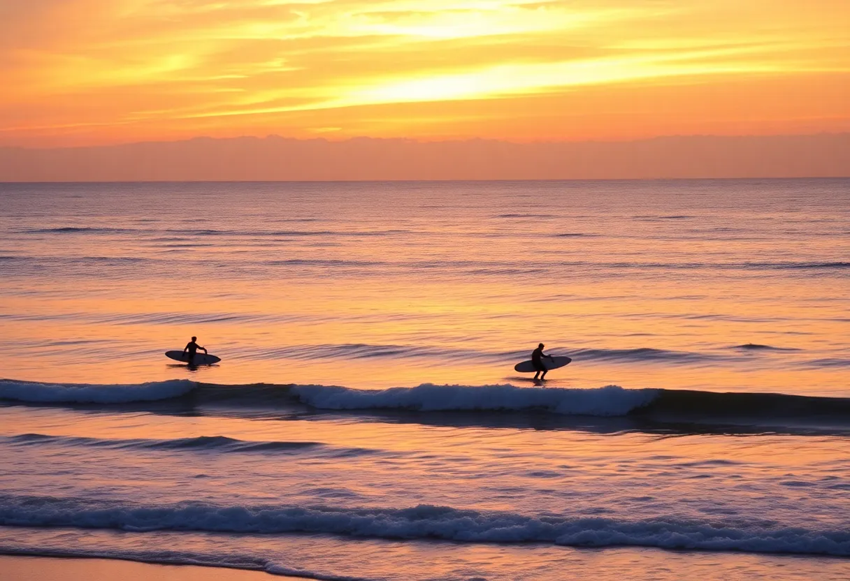 Surfers on gentle waves during sunset at Huntington Beach