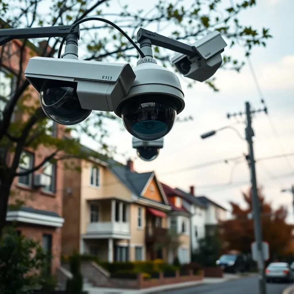 High-tech surveillance cameras installed in a community