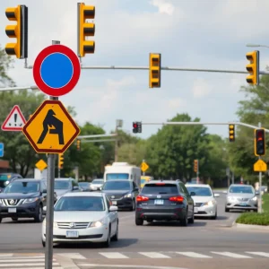 Traffic in Huntington Beach with warning signs for road safety