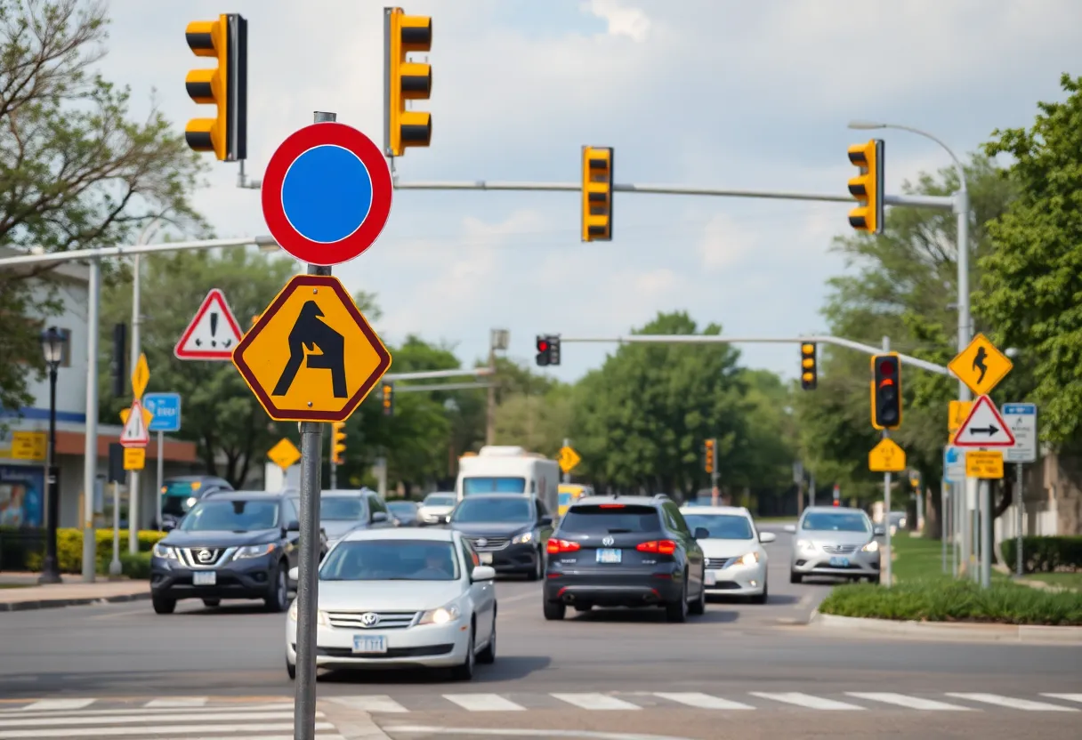 Traffic in Huntington Beach with warning signs for road safety