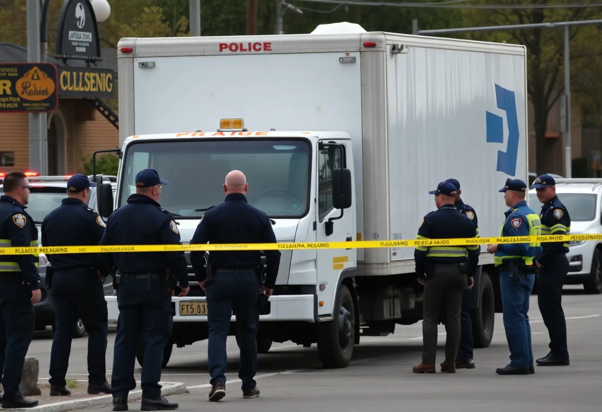 Police officers investigating an armed carjacking scene