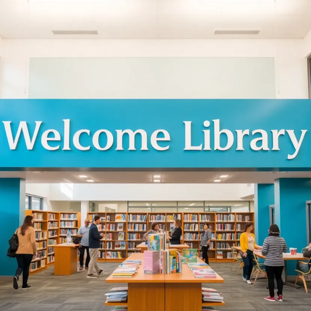 Interior view of the newly renovated Irvine library with bookshelves and patrons enjoying the space.