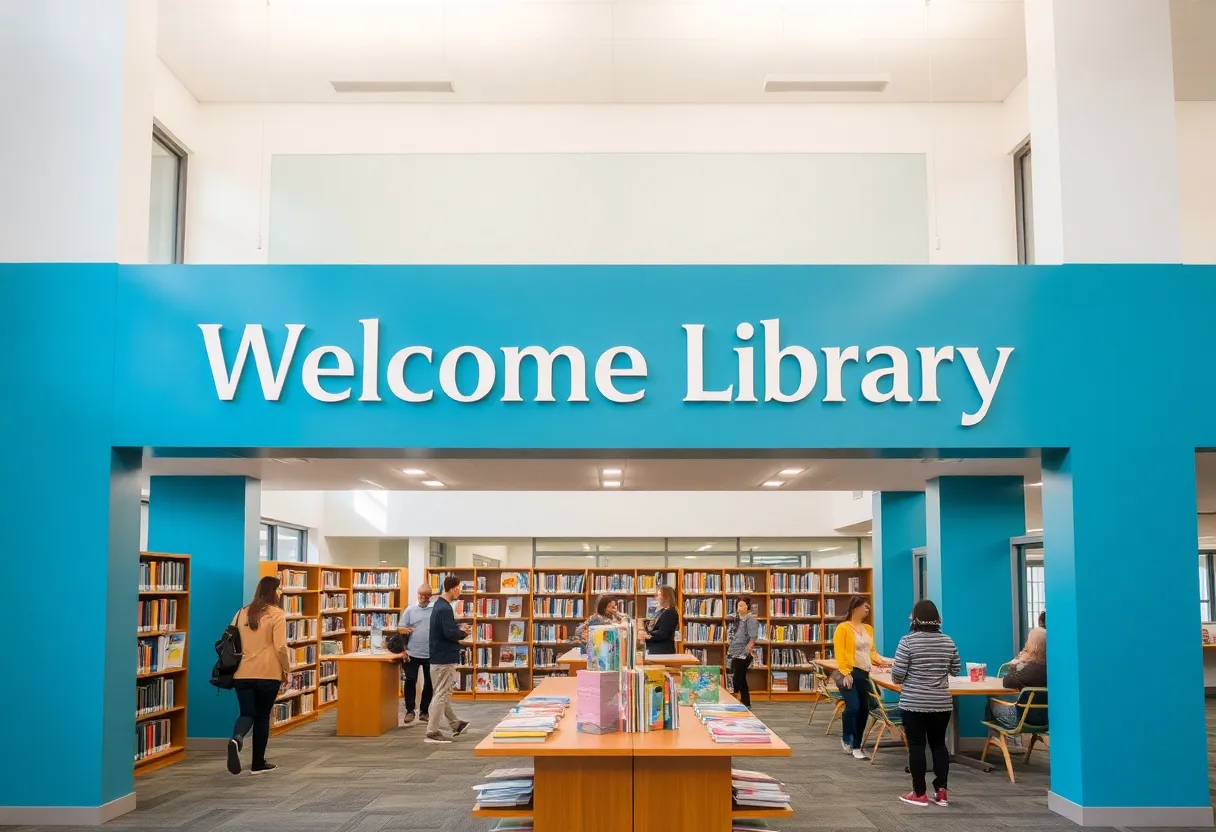 Interior view of the newly renovated Irvine library with bookshelves and patrons enjoying the space.
