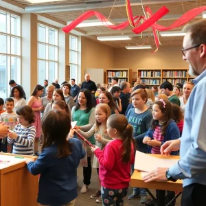 Families celebrating the launch of the Irvine Public Library system with crafts and performances.
