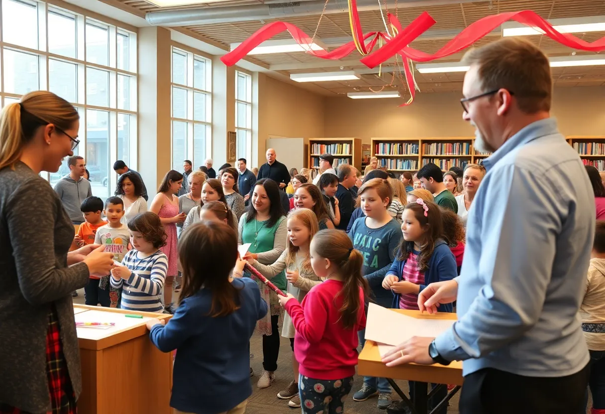Families celebrating the launch of the Irvine Public Library system with crafts and performances.