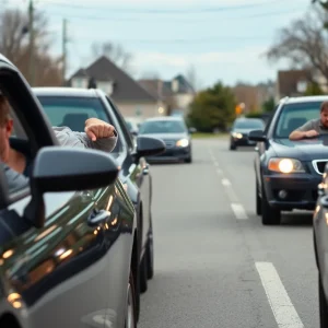 A road during a tense situation between two cars, illustrating road rage.