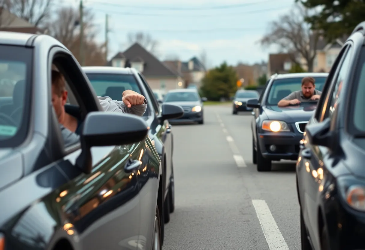 A road during a tense situation between two cars, illustrating road rage.