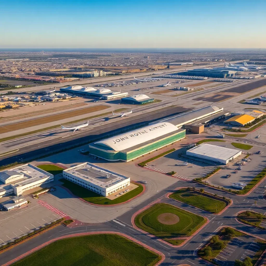 Aerial view of John Wayne Airport illustrating proposed development areas.