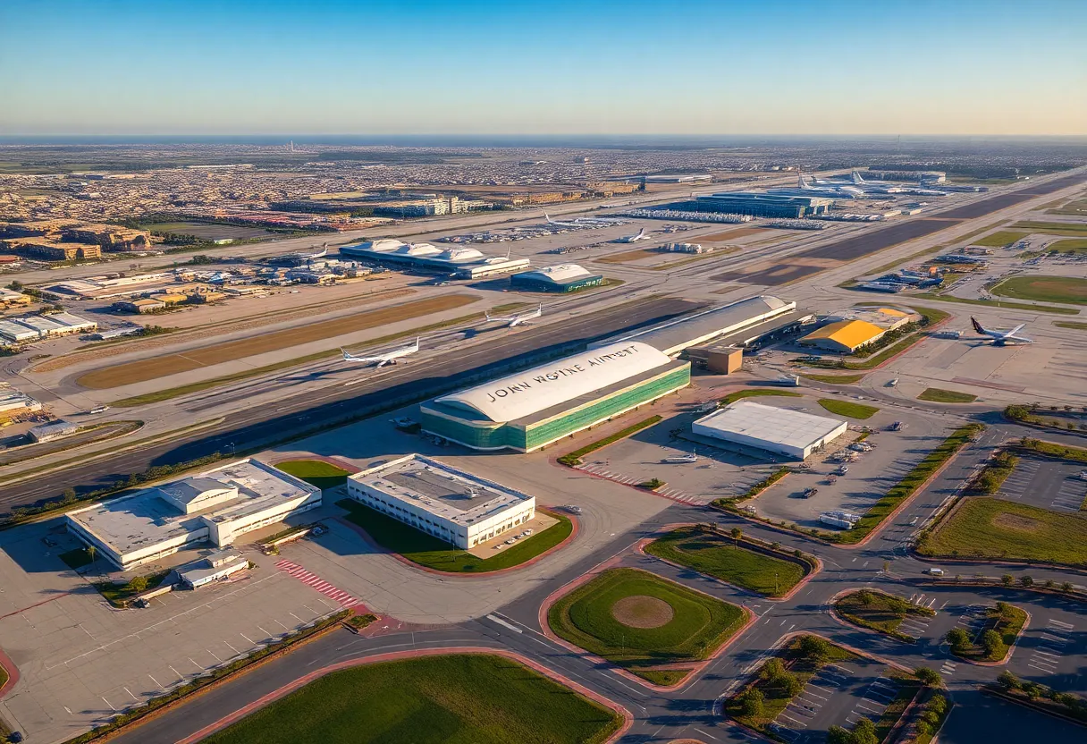 Aerial view of John Wayne Airport illustrating proposed development areas.