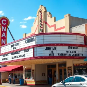 A cinema marquee with John Wayne film titles in Newport Beach.
