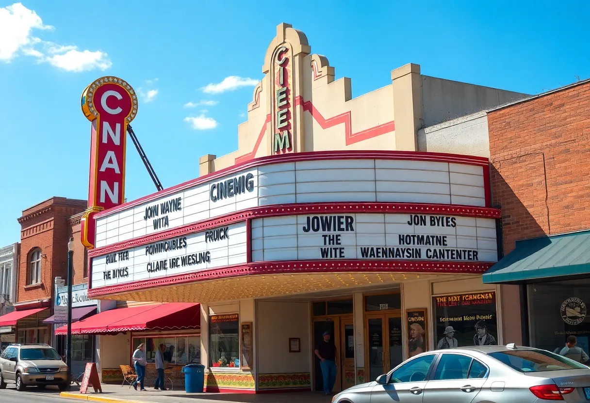A cinema marquee with John Wayne film titles in Newport Beach.