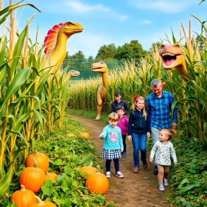 Families exploring the Jurassic Fright Corn Maze with dinosaur displays and a pumpkin patch.