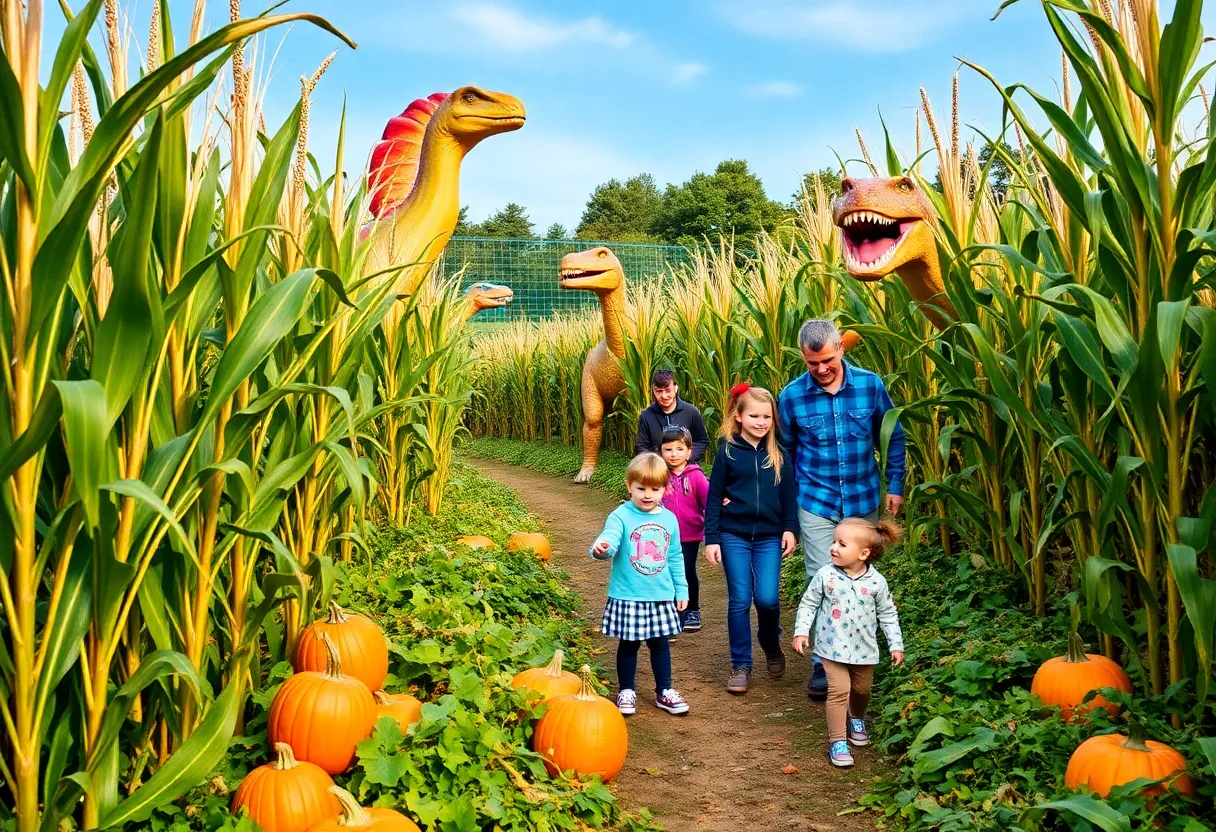 Families exploring the Jurassic Fright Corn Maze with dinosaur displays and a pumpkin patch.