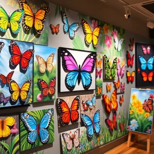 Here Product Spotlight Art exhibit featuring colorful paintings inspired by monarch butterflies.