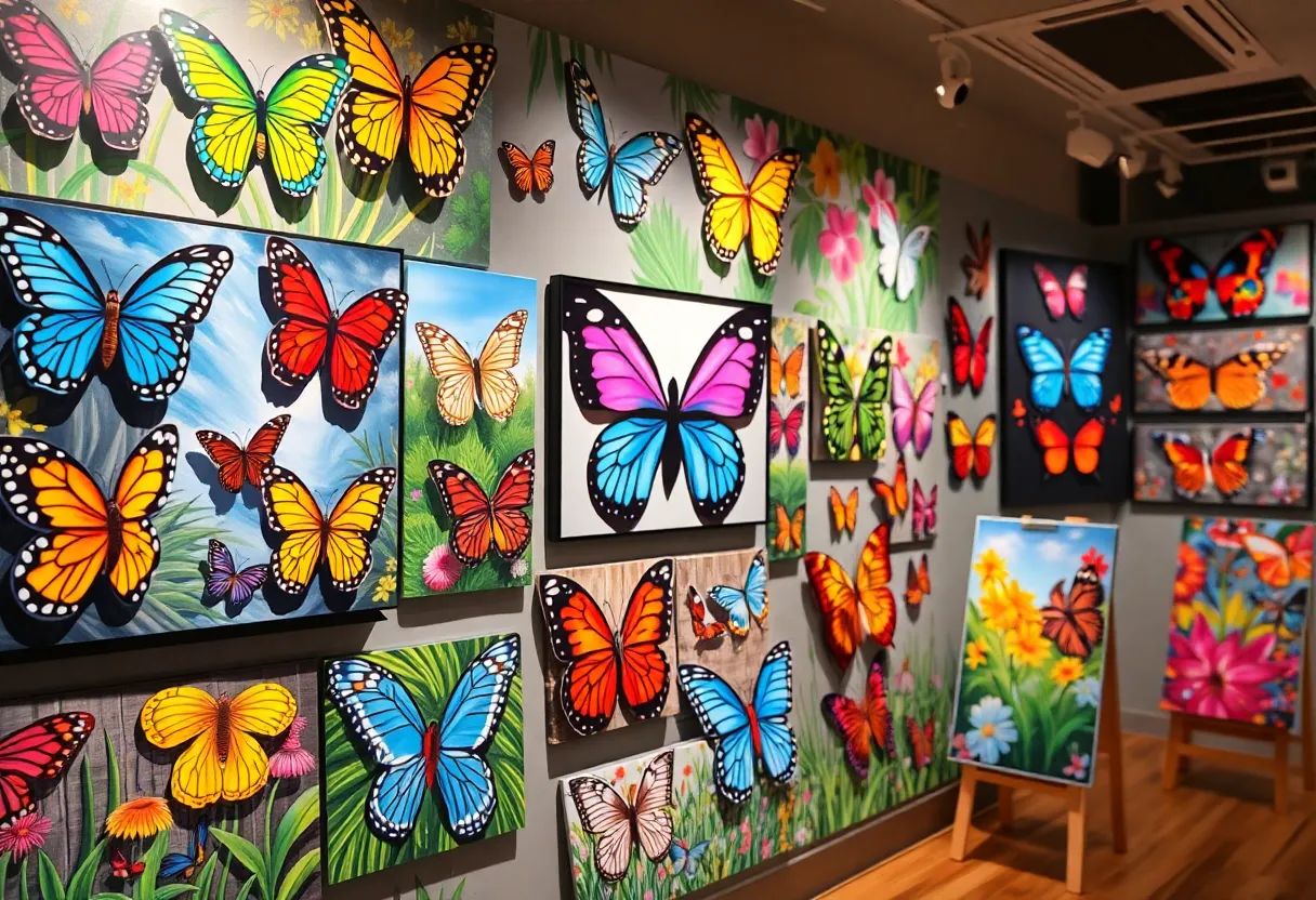 Art exhibit featuring colorful paintings inspired by monarch butterflies.