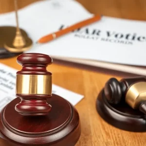 Image depicting a gavel and documents symbolizing a lawsuit over voter registration records.