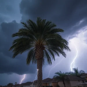 Here Product Spotlight A palm tree being struck by lightning during a storm in Huntington Beach