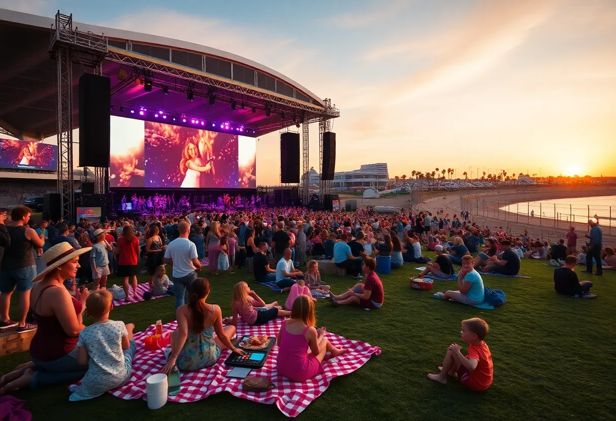 Families enjoying an outdoor concert in Long Beach with picnic setups and lively atmosphere.