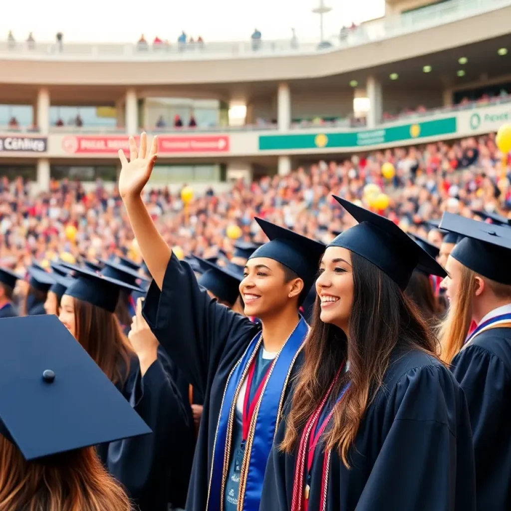 Graduating seniors from Los Amigos High School celebrating at their graduation ceremony.