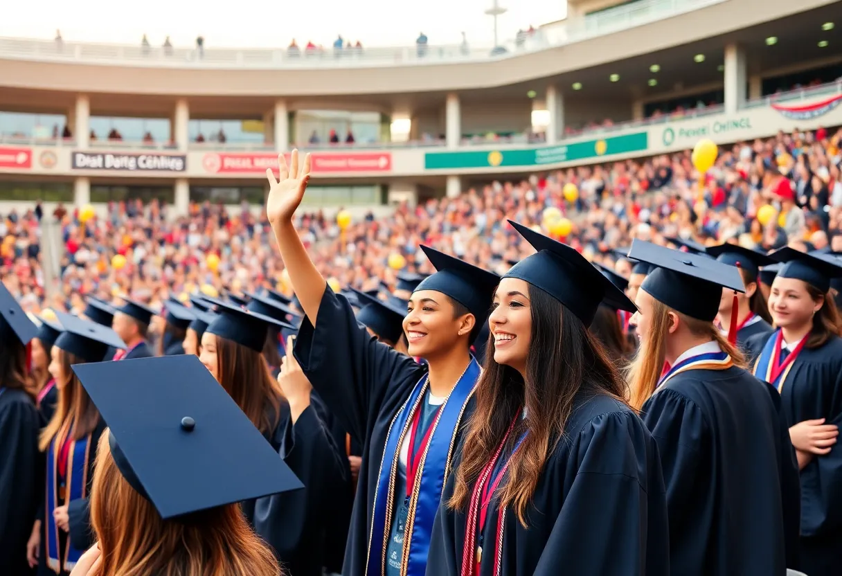 Graduating seniors from Los Amigos High School celebrating at their graduation ceremony.