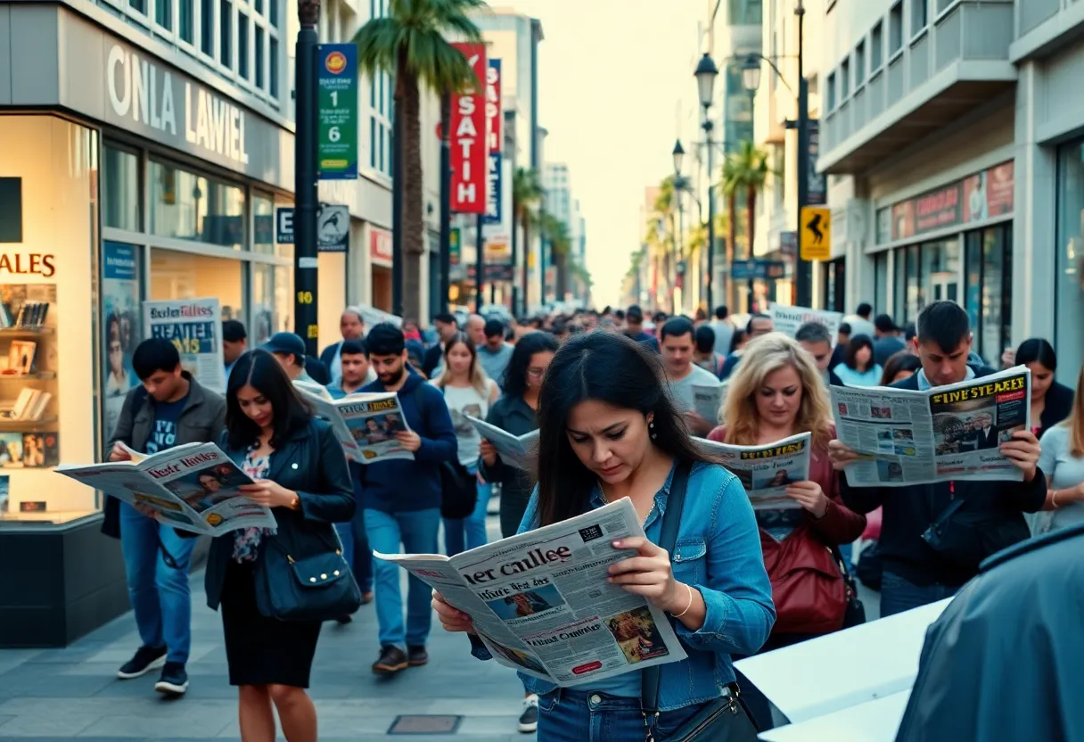 People engaged with newspapers in Los Angeles street