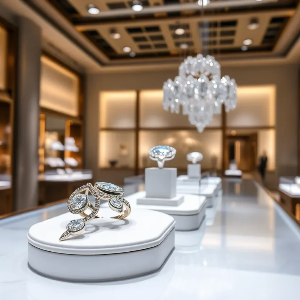 Display of luxury diamond jewelry in an elegant retail store