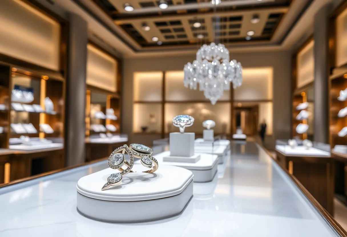 Display of luxury diamond jewelry in an elegant retail store