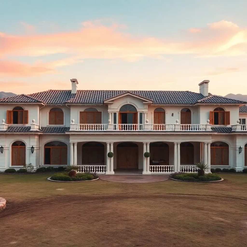 Neglected luxury mansion in California with signs of water damage.
