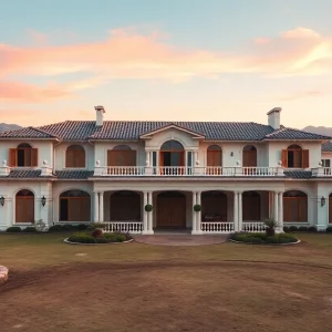 Neglected luxury mansion in California with signs of water damage.