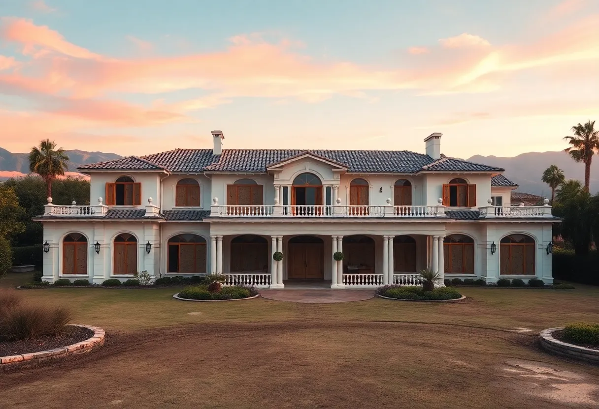 Neglected luxury mansion in California with signs of water damage.
