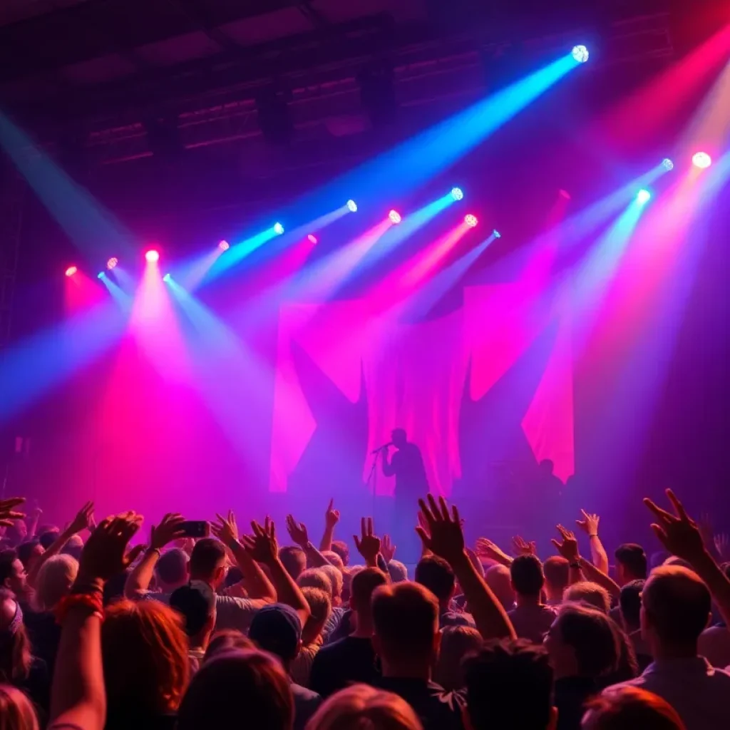 Audience enjoying a live concert performance with colorful stage lights.