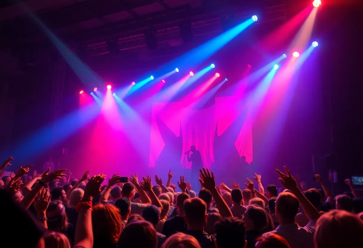 Audience enjoying a live concert performance with colorful stage lights.