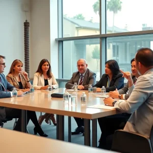 A diverse group of industry leaders discussing AI policy at a Meta PAC meeting in California.