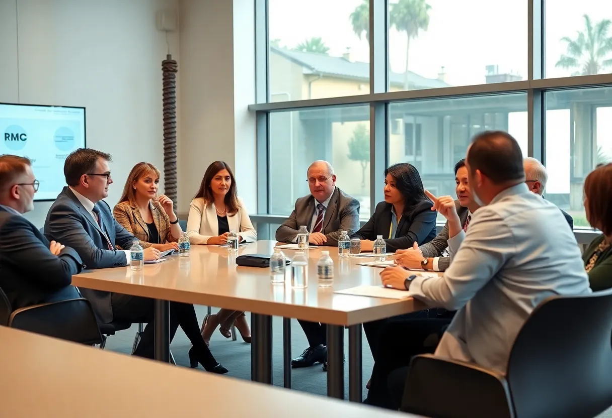 A diverse group of industry leaders discussing AI policy at a Meta PAC meeting in California.