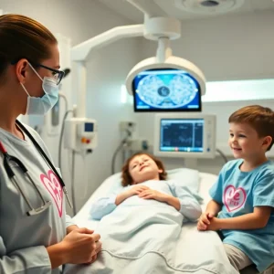 Healthcare professionals discussing pediatric cardiac care technology