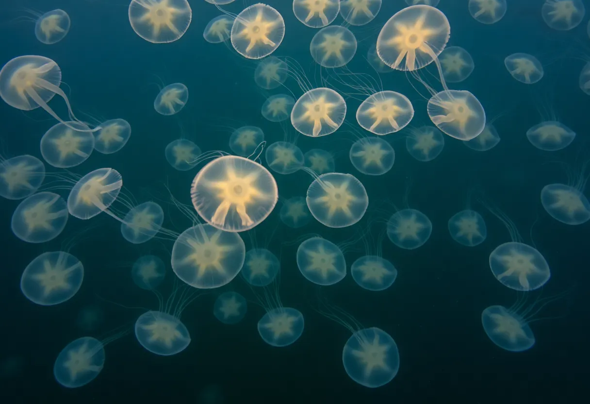 A stunning bloom of moon jellies in Newport Harbor, displaying their translucent bodies in the water.