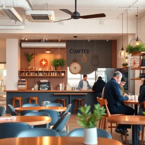 Interior of MoonGoat Coffee Roasters in Costa Mesa with patrons enjoying beverages.