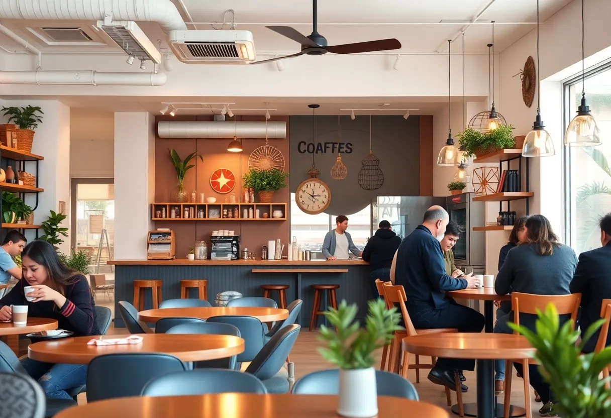 Interior of MoonGoat Coffee Roasters in Costa Mesa with patrons enjoying beverages.