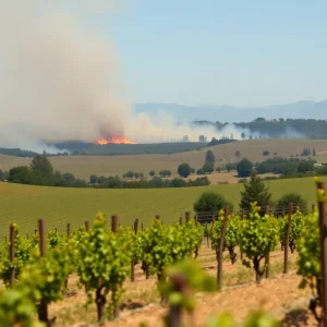 Firefighters battling flames in Napa Valley vineyards during wildfire