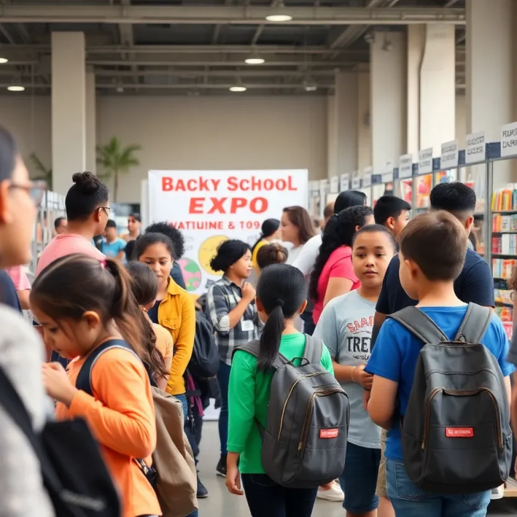 Families enjoying the Newport Beach back-to-school expo with children participating in fun activities.