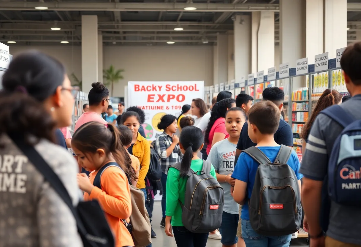 Families enjoying the Newport Beach back-to-school expo with children participating in fun activities.
