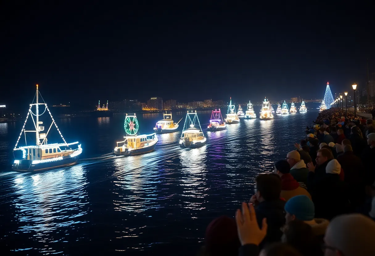 Boats decorated with festive lights during the Newport Beach Christmas Boat Parade.