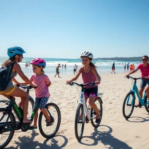 Families at Newport Beach with e-bikes, advocating for safety