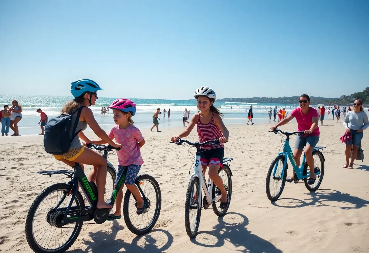 Families at Newport Beach with e-bikes, advocating for safety